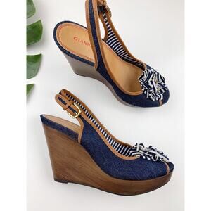 Gianni Bini Platform Wedge Heel Sandals Blue Denim Peep Toe Slingback Womens 8.5